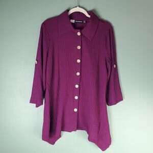 Nina Leonard Womens Purple Stretch Crepe Textured Button Tunic Top Size Large
